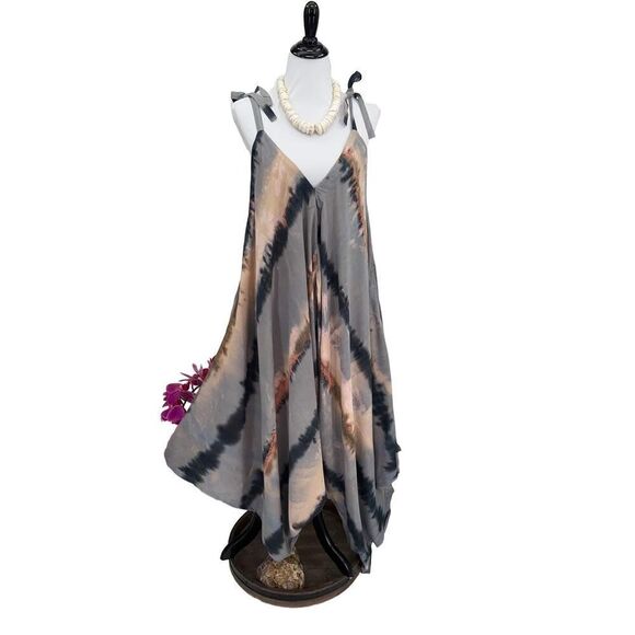The Pō`alima Romper Cerulean Blue Gray/Pink/Charcoal Tropical Boho Wide Leg - Picture 4 of 11